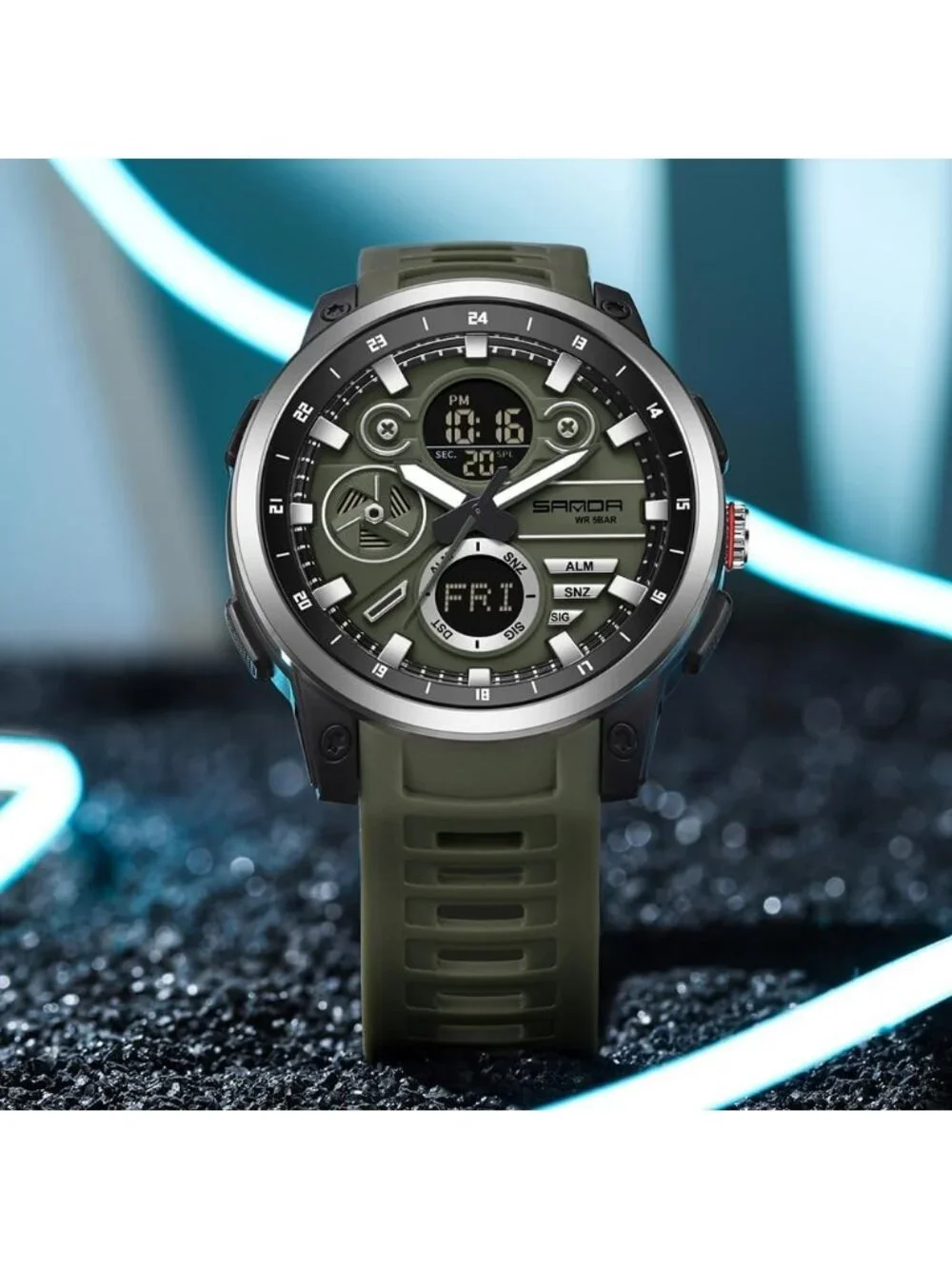 Men's Military Green Analog Quartz Stainless Steel Electronic LED Digital Watch